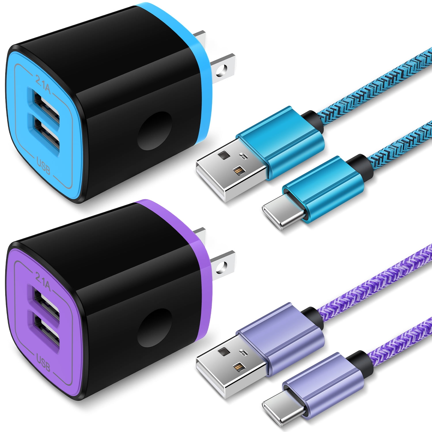 Dual Port Fast Charger Hootek 2 Pack USB Wall Charger Adapter 2.1A Wall Charger Block Quick Charger Plug with 2 Pack 6FT TYPE C Cable Cord Phone Charger Fast Charging for Samsung, Blue+Purple